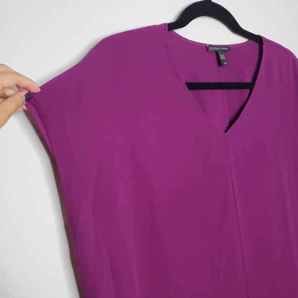 EILEEN FISHER Purple High V-Neck Cap Sleeve Tunic Silk Dress Sz S - Picture 3 of 6